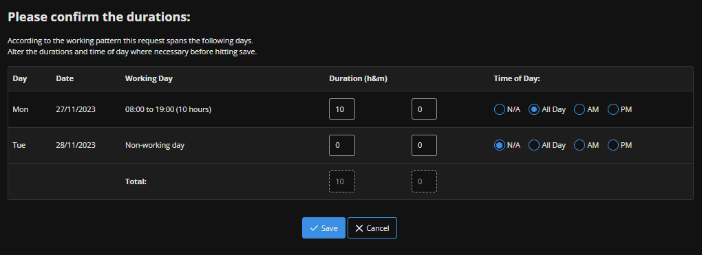 screenshot of the absence durations screen, showing the new column working day which displays '08.00 to 19.00 (10 hours)' and 'Non-working day' on different rows.